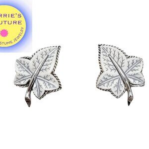 Vintage Signed Boucher Rhodium Plated White Thermoset Leaves Clip Earrings